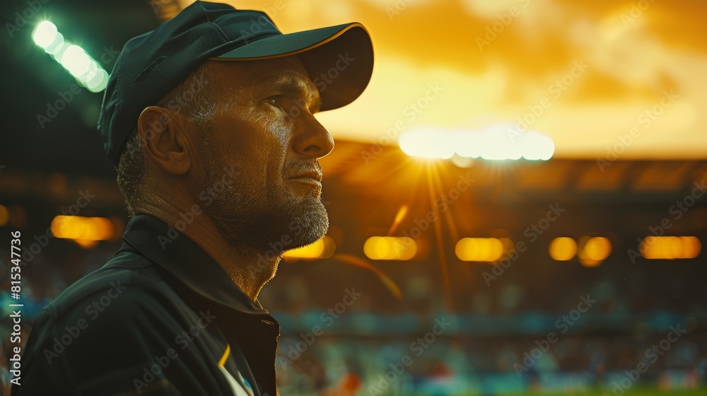 Wall mural portrait of football referee, stadium, golden evening sunlight