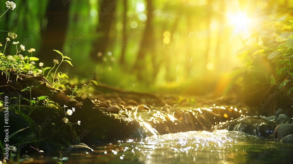 Poster Spring background Stream of water in the forest : Generative AI