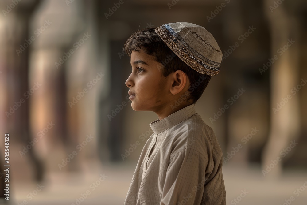 Sticker side shot of a young muslim boy around 11 or 12 years of age is sitting cross legged