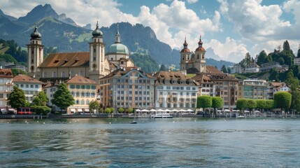 Luzern old city with the Jesuitenkirche on the Reuss, Switzerland --ar 16:9 Job ID:...