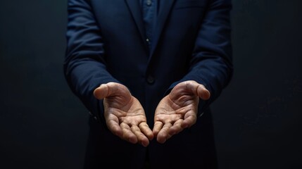 Close-up of a businessman in a dark blue suit, hands open in a welcoming gesture against a textured blue background