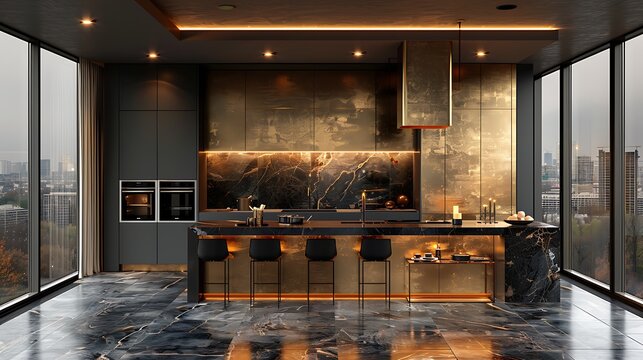 An evening setting in a black and gold kitchen, with the gold accents sparkling under low hanging lights against the matte black backdrop.