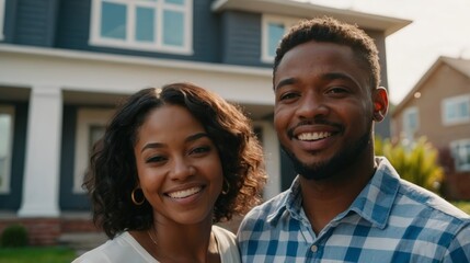 Happy young married black african american couple standing in front of their new house, concept of real estate, house sale buying