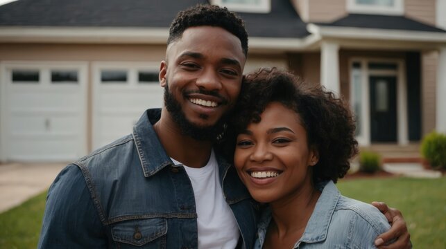 Happy young married black african american couple standing in front of their new house, concept of real estate, house sale buying