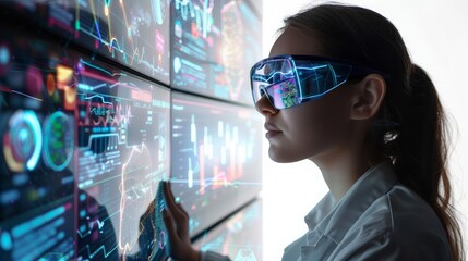 Young female scientist programming AI on multiple digital screens, vibrant graphics illustrating machine learning algorithms in hightech lab