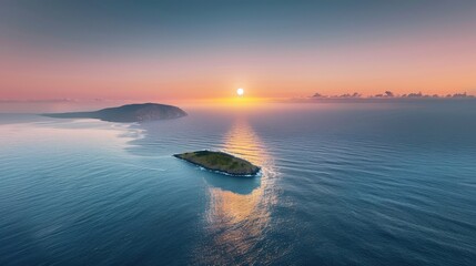 Picture an island surrounded by the vast sea during the summer solstice forming a breathtaking seascape In the distance you can spot land under a sky where the sun and moon coexist This vie