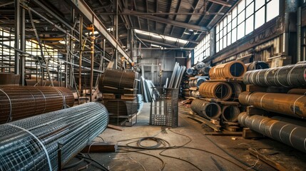 metal warehouse with different types of metal: mesh in a roll, a lot of metal pipes - Powered by Adobe