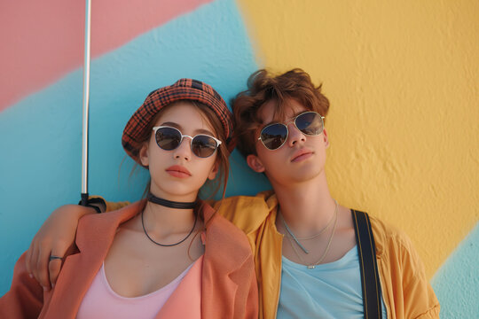 A young man and woman pose in front of a colorful wall