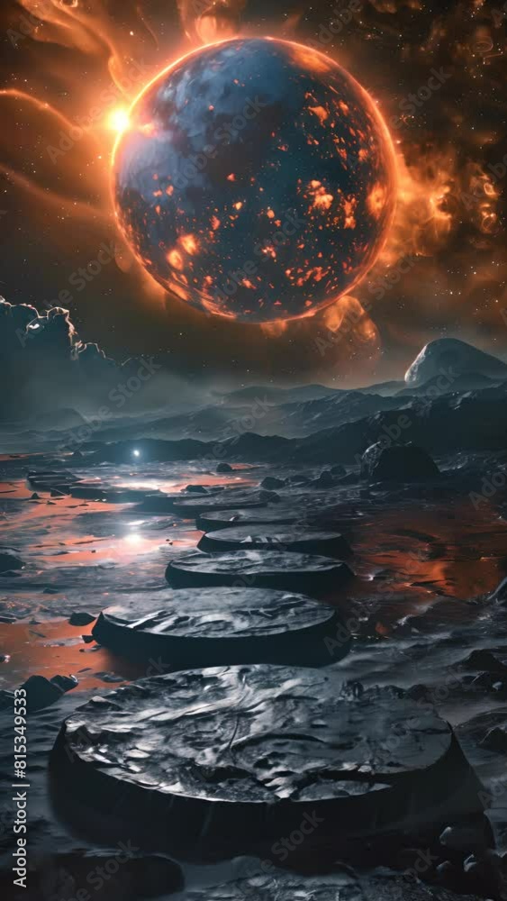 Wall mural a large orange planet is in the center of a dark sky. the sky is filled with clouds and the planet i