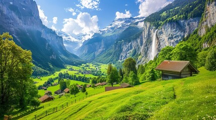 Summer view of alpine valley of Lauterbrunnen. Location place Swiss alp, Bernese Oberland, Europe. Staubbach waterfall is a famous tourist attraction. Natural wallpaper. Discover the world of beauty. 