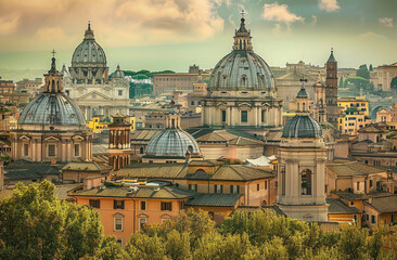 A panoramic view of Rome's skyline, showcasing the iconic domes and historical architecture that...