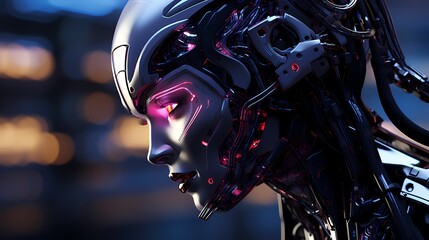 Fototapeta premium Digital technology black and purple cyberpunk robot poster background