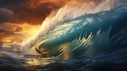 Surfer riding a big ocean wave, dramatic ocean scenery, challenging and thrilling surfing moment
