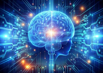 Obraz premium Digital technologies of the future. Artificial intelligence. The brain and digital codes on a virtual screen. The image was created using artificial intelligence.