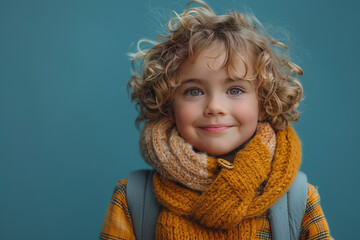 Happy child school boy with backpack and book in her hands ,on pastel blue background,generative ai