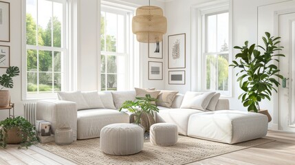 Great as Interior Furniture Design Inspiration Minimal Modern Elegant Neutral Cozy White Scandinavian Living Room with Sofa and Plants Soft Earthy Colors
