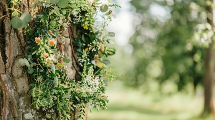 A charming Midsummer flower crown adorns a tree in the enchanting summer garden embodying the essence of a Scandinavian summer celebration This whimsical greenery wedding idea doubles as a 