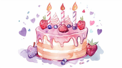 a beautiful pink cake with berries and candles for a 3-year-old birthday is painted in watercolor. The painted cake is isolated on a white background