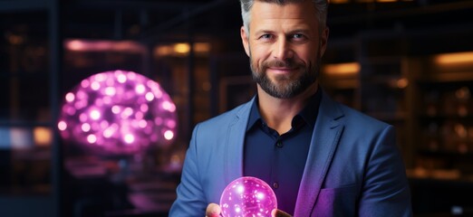 Smiling man in blue suit holding pink crystal ball in cozy room