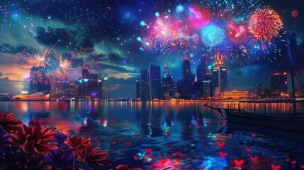 Obraz premium A breathtaking night panorama of a modern city skyline, with bright neon blue lights and fireworks bursting in the sky