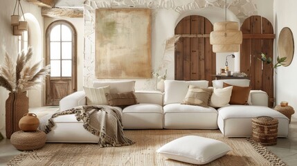 Fototapeta premium Minimal Modern Elegant Neutral Cozy White Scandinavian Living Room with Sofa and Plants Soft Earthy Colors Great as Interior Furniture Design Inspiration