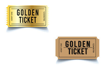 A golden ticket with scalloped edges has a vintage design.   Golden ticket.