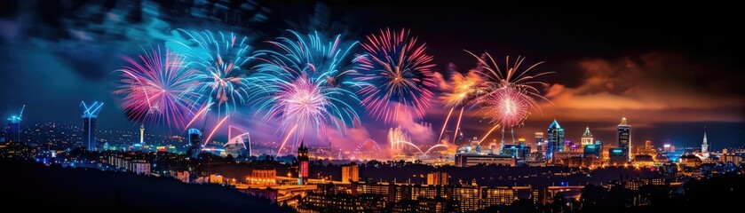 Fototapeta premium A night city panorama featuring a modern skyline, fireworks lighting up the sky, and a beautifully lit bridge enhancing the scene