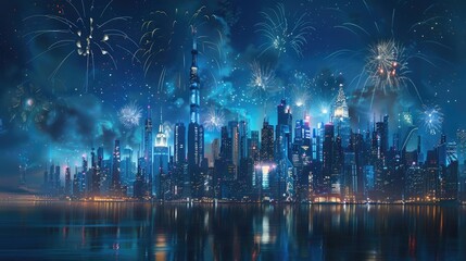 Naklejka premium A night city panorama featuring a skyline over water, fireworks illuminating the dark blue sky above