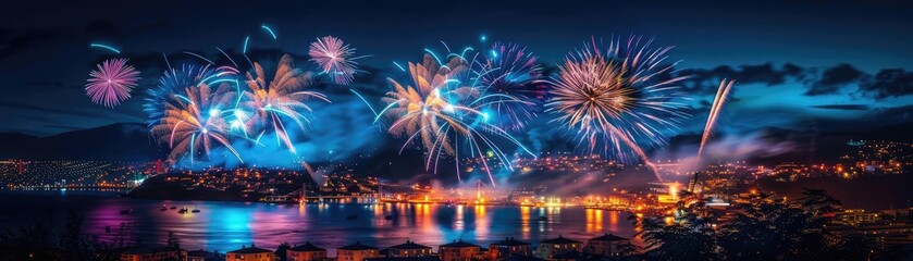 A night city panorama featuring a modern skyline, fireworks lighting up the sky, and a beautifully lit bridge enhancing the scene