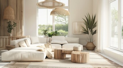 Minimal Modern Elegant Neutral Cozy White Scandinavian Living Room with Sofa and Plants Soft Earthy Colors Great as Interior Furniture Design Inspiration