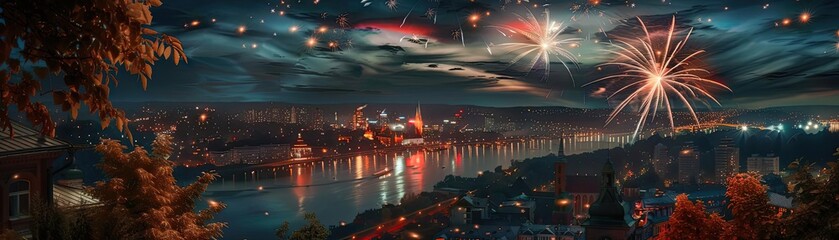 A stunning night cityscape, showcasing a panorama of fireworks lighting up the skyline and falling stars enhancing the enchanting view