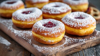 Obraz na płótnie Canvas Indulge in mouthwatering carnival donuts bursting with jam and classic yellow rings or opt for homemade Berliner donuts adorned with powdered sugar on a rustic wooden platter These delectab