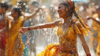 Young girls in colorful traditional dresses dancing and splashing water in a sunlit, outdoor setting, capturing a moment of joy and cultural celebration.
