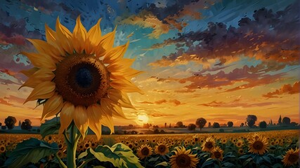 "Experience the radiance of a sunflower in the iconic style of Van Gogh, with bold and swirling brushstrokes that bring the flower to life."