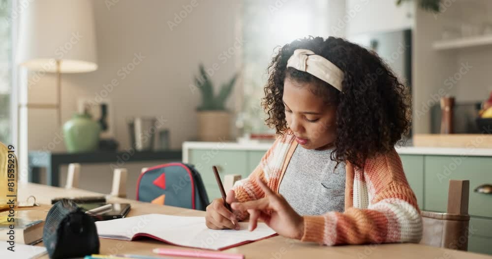 Poster Girl, math homework and book in kitchen for learn with child development or responsible for growth. Time management, critical thinking or initiative with discipline or learning for school with notes.
