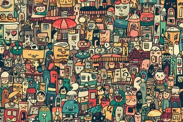  Cartoon cute doodles of a bustling marketplace filled with vendors, stalls, and a myriad of goods from all around the world, creating a vibrant, Generative AI
