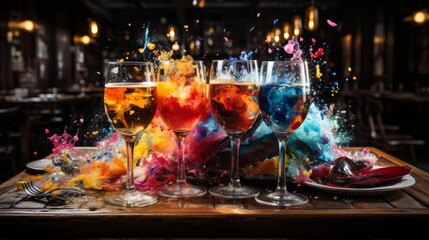 Vibrant Wine Glasses Arrangement on Wooden Table