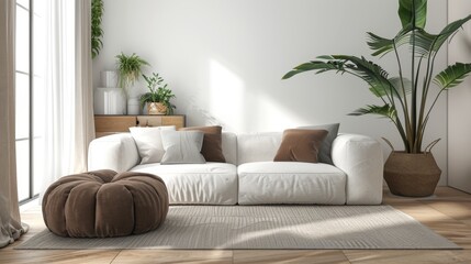 Naklejka premium Minimal Modern Elegant Neutral Cozy White Scandinavian Living Room with Sofa and Plants Soft Earthy Colors Great as Interior Furniture Design Inspiration
