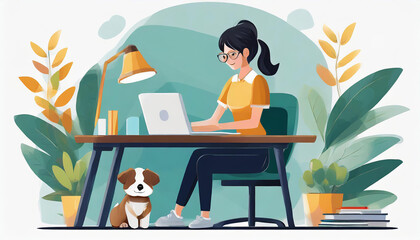 Simple flat vector illustration of a [woman sitting at her desk with a puppy while working on her...