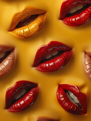 Obraz premium Many red lips again in yellow background pattern, wallpaper with copy space, luxury brand advertising