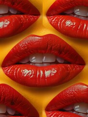 Many red lips again in yellow background pattern, wallpaper with copy space, luxury brand advertising
