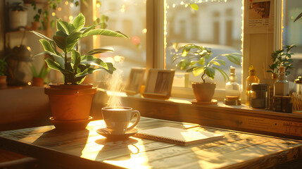 A table with a white cup and a plant on it. The plant is in a pot and the cup is filled with coffee. The table is in a room with a window and a view of the street
