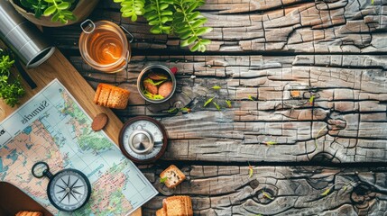 A wooden table is set with a delicious spread of food and a map, creating the perfect setting for...