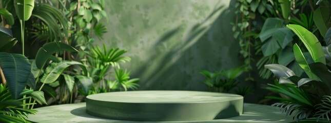 3d rendering of podium with tropical leaves and plants in green color background. Minimal scene for product display presentation design