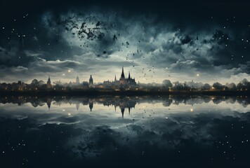 Gothic Cityscape Reflection in River at Night