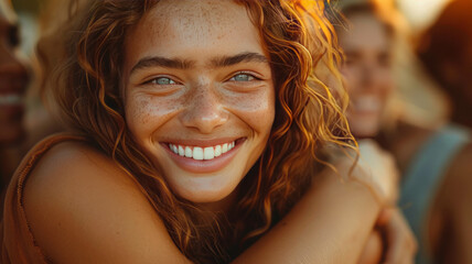 a group hug, close-up of several people embracing, details of smiling faces and interlocked...