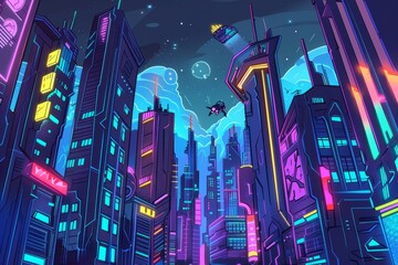 Cartoon cute doodles of a futuristic cityscape filled with neon lights, flying cars, and towering skyscrapers, creating a dazzling display of, Generative AI