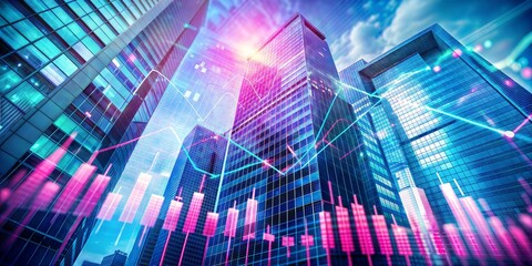 abstract, financial graph on technology, lomo, Ultra-Wide Angle, blue and pink colors, building background