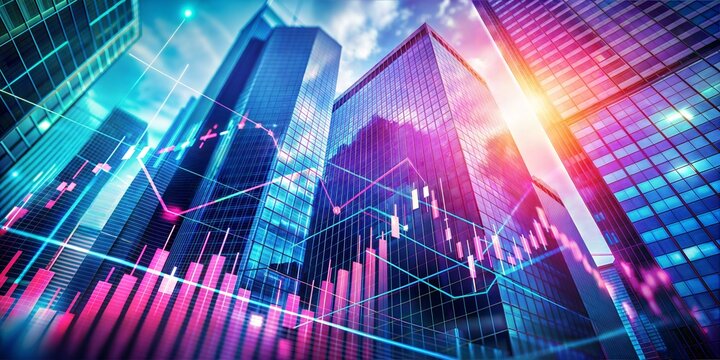 abstract, financial graph on technology, lomo, Ultra-Wide Angle, blue and pink colors, building background