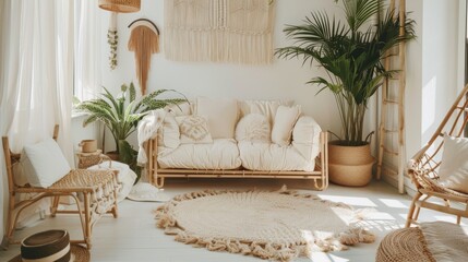 Great as Interior Furniture Design Inspiration Minimal Modern Elegant Neutral Cozy White Scandinavian Living Room with Sofa and Plants Soft Earthy Colors